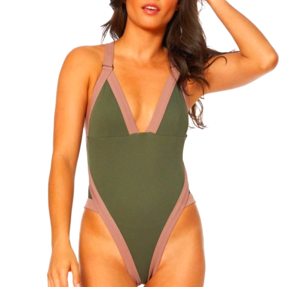 Dolce Vita Olive and Dusty Rose V-Neck One-Piece Swimsuit